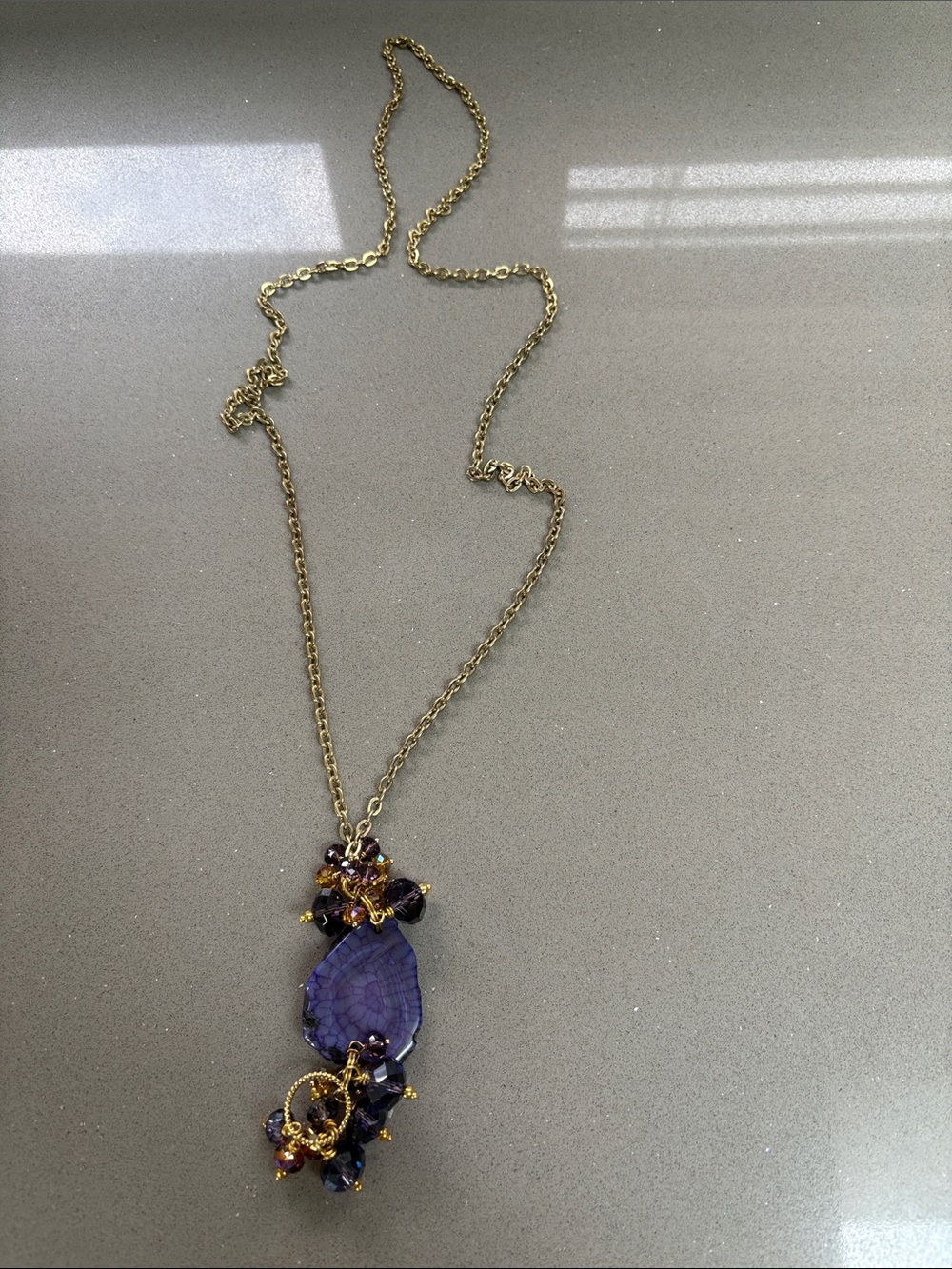 Gold Chain Necklace with Purple Agate Pendant and crystal beads - local artisan